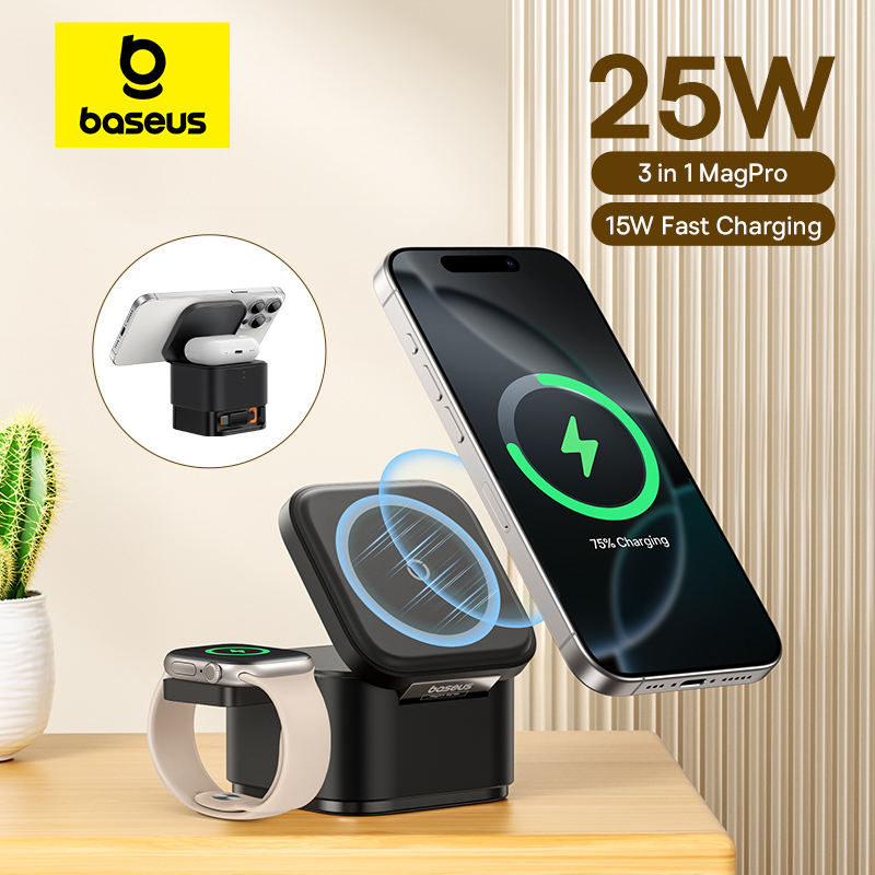 Accessories For Android Tablet - Baseus 3in1 マグネット式ワイヤレス充電スタンド 15W急速ワイヤレス充電 25Wデスクトップドックステーション iPhone16/15/14/13/AirPod対応